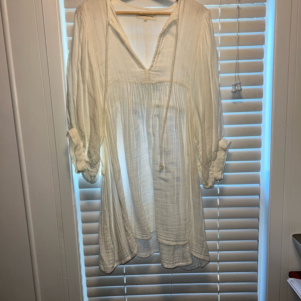 Daughters of India Cream Gauze Mini Dress with Tie Neck
